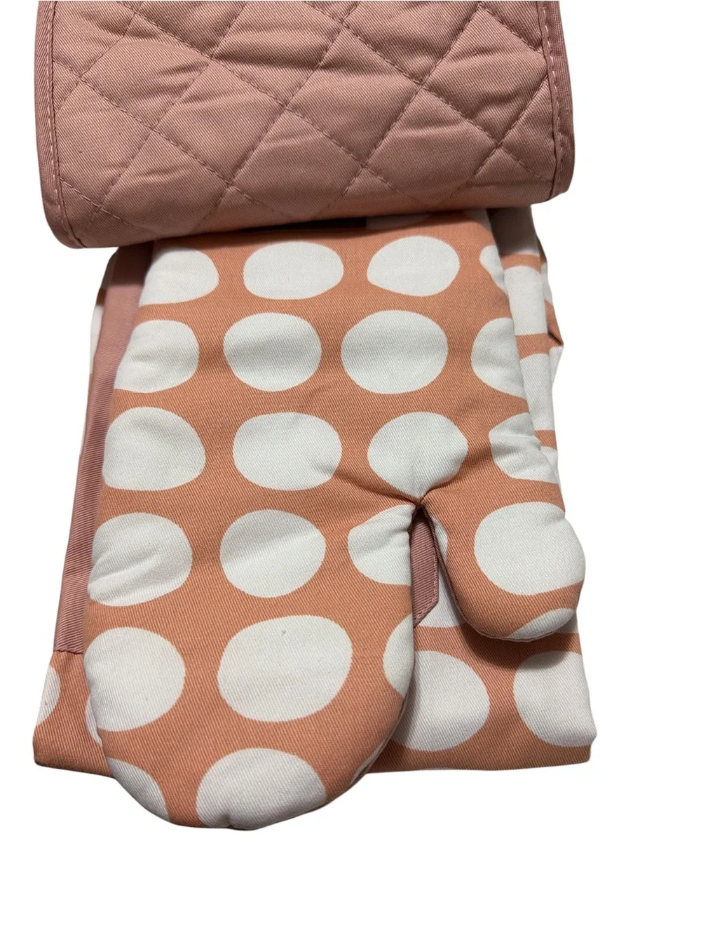 NEW Eco One Kitchen 3-Pc Bakers Set Apron Pot Holder Oven Mitt Peach Polka Dot